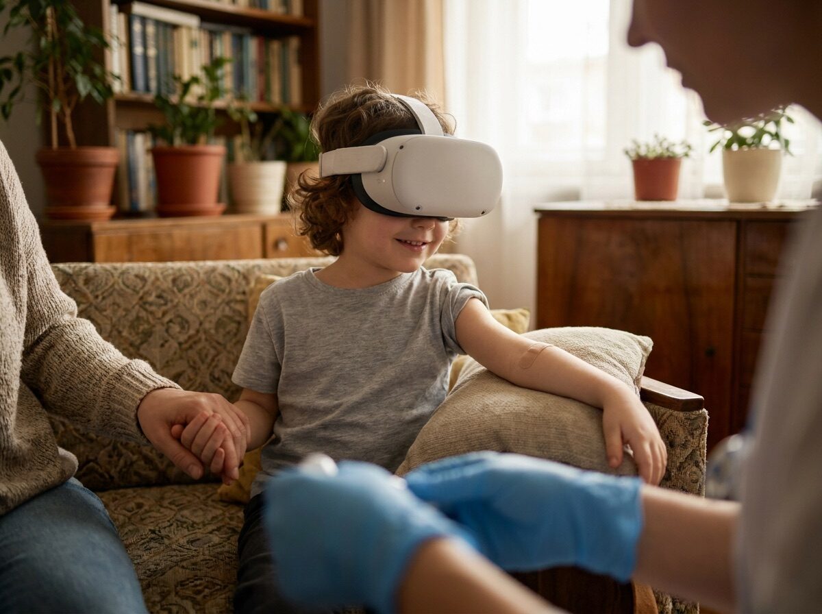 Copil zâmbind cu ochelari VR în timpul recoltării, ținut de mână de părinte